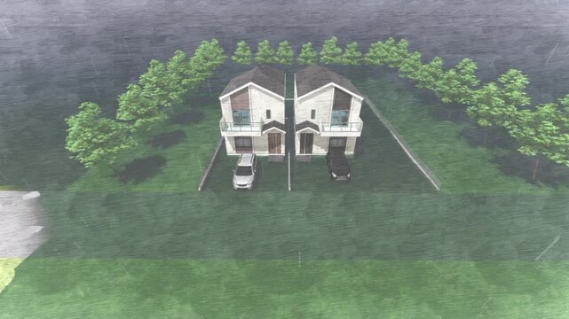 津波や洪水で浸水した住宅と周辺の風景｜水害を表現した3DCGアニメーション