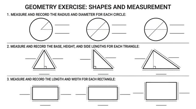 Educational geometry exercise worksheet for shapes and measurement