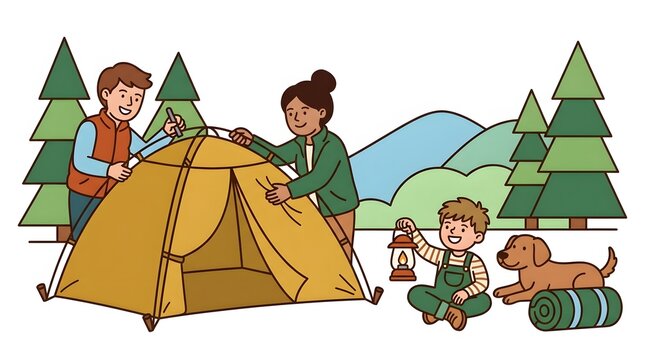 Happy family setting up a tent while camping in the forest