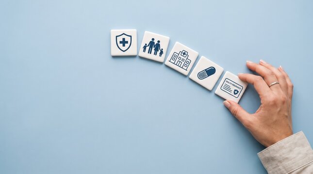 Hand placing tiles with medical icons including shield, family, hospital, pill, and insurance card, representing healthcare systems, medical insurance coverage, patient safety