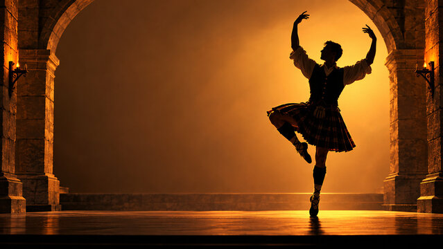Scottish Highland Dancer Silhouette Beneath a Golden Arch