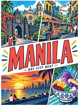 Colorful Manila Bay City Beat illustration featuring historic architecture, a busy jeepney street, a vivid sunset waterfront, and a bowl of halo-halo dessert.
