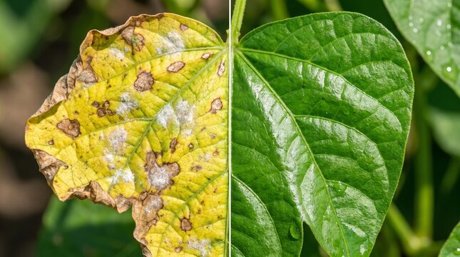 Crop Disease and Fungicide Treatment Before and After Split Screen Comparison of Blighted Leaf and Healthy Green Foliage