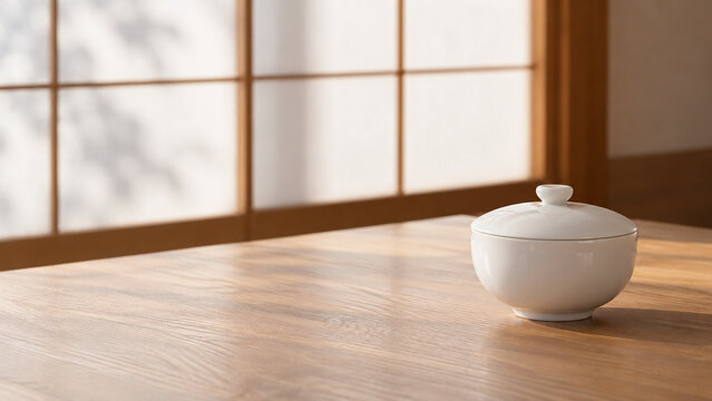 White porcelain lidded bowl on a wooden table beside a shoji screen
