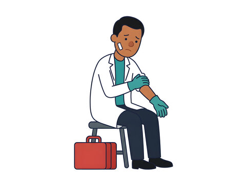 Sad young male doctor or medical worker sitting on a stool with a bandage on his cheek in a clean flat vector illustration style isolated on a white background