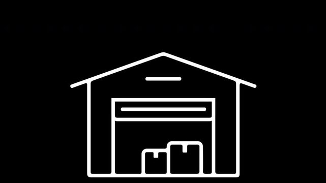 Stylized 2D animation of a closed warehouse appearing and opening its roller shutter door to reveal cardboard boxes. Minimal business symbol for logistics, storage, and e-commerce distribution