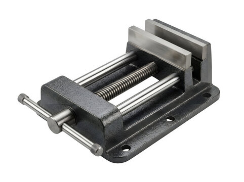 A heavy duty metal bench vise isolated on a clean white background for workshop and industrial use.