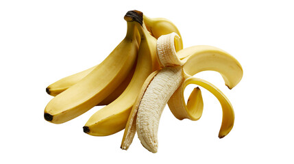 Bunch of fresh yellow bananas with one partially peeled fruit © Asmud