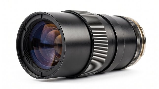 Professional camera lens, black telephoto optical equipment, metallic zoom lens for photography and video production, isolated photo