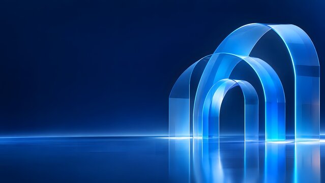 Elegant abstract blue light trails create graceful arches on a dark gradient backdrop ideal for futuristic technology and innovation themes