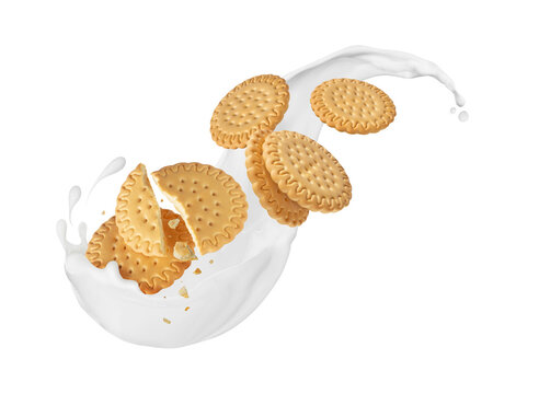 Crispy sandwich cookies falling into a dynamic milk splash isolated on white background