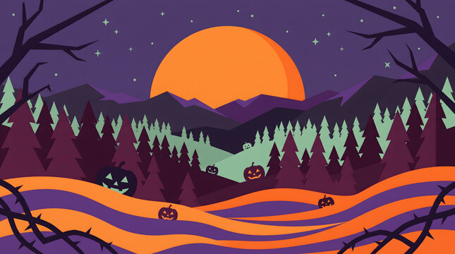Spooky Halloween Landscape with Glowing Jack O Lanterns and Full Moon Night