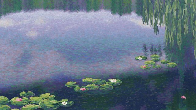 Impressionist oil painting of a water lily pond, brush strokes of drifting sky reflections, willow branches and lily pads, copy space, seamless loop