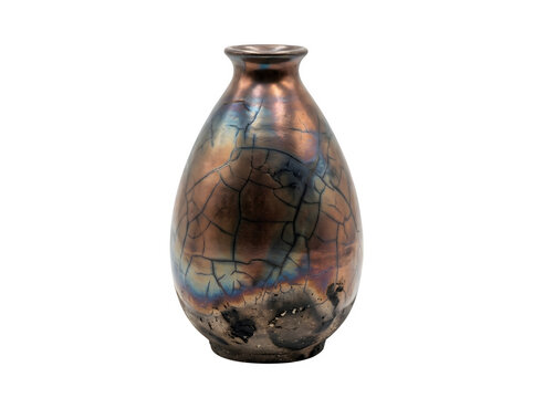 An isolated raku ceramic vase featuring a metallic glaze with intricate dark cracks and iridescent hues.