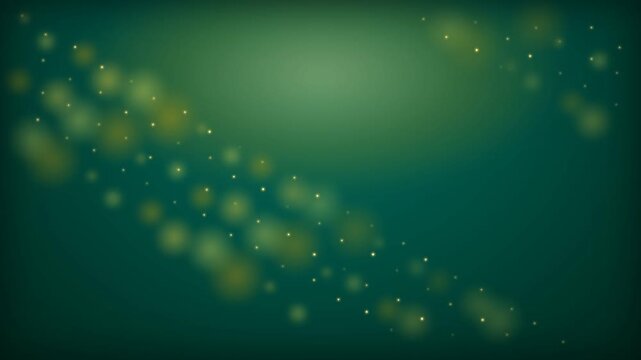 Festive Christmas holiday emerald green bokeh background with shimmering golden sparkle dust and magical defocused glowing orbs, elegant seasonal winter party video overlay backdrop