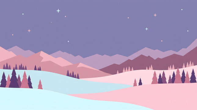 Minimalist Flat Illustration of a Winter Landscape with Mountains and Pine Trees at Night