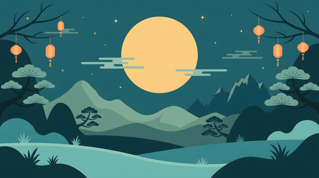 Mid-Autumn Festival Night Landscape with Full Moon and Traditional Hanging Lanterns