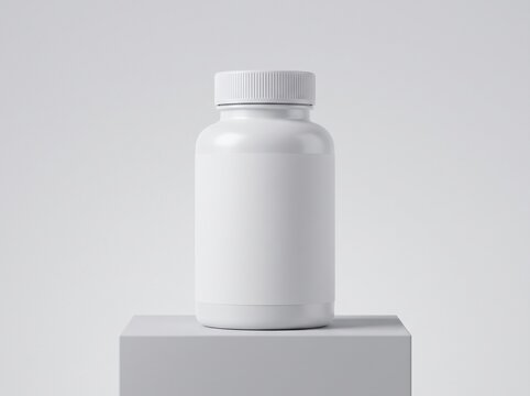 A supplement bottle mockup featuring a rounded plastic container with a screw cap, ideal for showcasing vitamin labels, pill packaging, wellness branding, and pharmaceutical designs