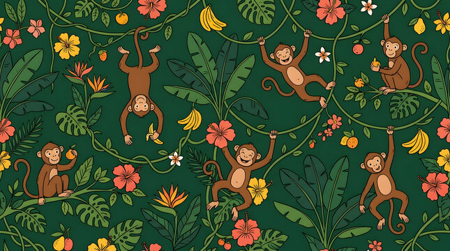 Seamless jungle pattern with cute brown monkeys hanging from vines