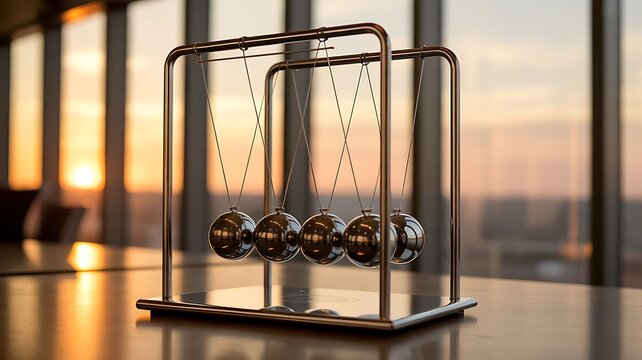 Newton cradle demonstrating balance, motion and physics in a modern office setting