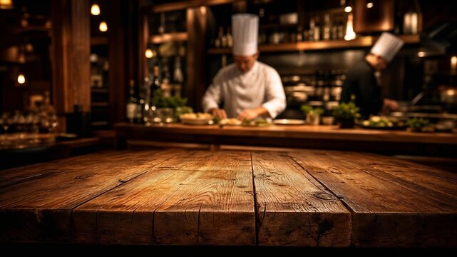 Empty Rustic Wooden Tabletop with Blurred Restaurant Kitchen and Chefs Background
