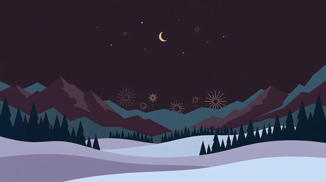 Stylized Winter Mountain Landscape Under a Night Sky with Crescent Moon and Fireworks