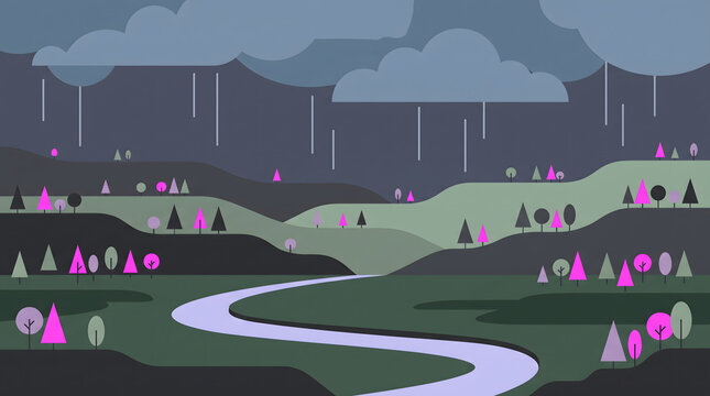 Stylized Vector Landscape Featuring a Winding River Under a Rainy Stormy Sky