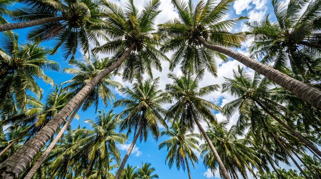 Low angle view of tropical coconut palm trees reaching towards a bright blue sky with white clouds