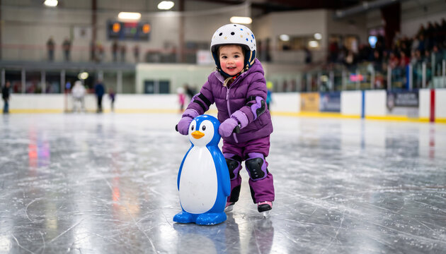 Toddler takes a first ice skating lesson on an indoor rink wearing a helmet and protective gear