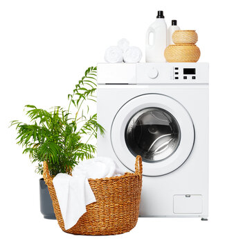 Front loading washing machine with laundry basket and plant in a home laundry setup