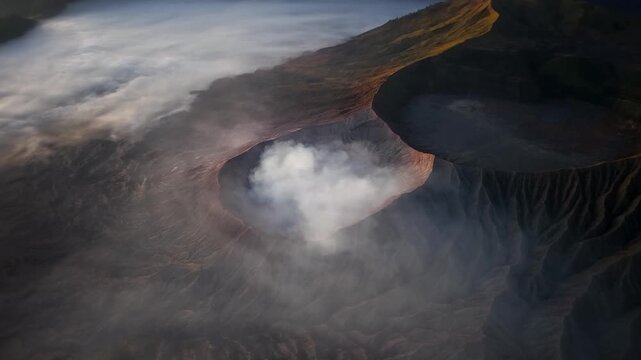 Volcanic crater breathes smoke into morning mist. Rugged terrain surrounds ancient, silent at Bromo