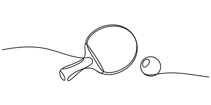 Continuous single line drawing of a table tennis racket and a ping pong ball