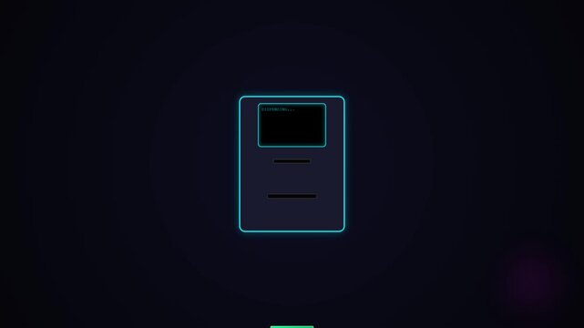 Minimalist digital ATM card machine slot with glowing blue neon border on dark background