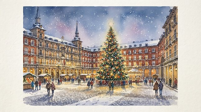 Large Christmas tree standing brightly in the center of a historic European cobblestone square surrounded by festive markets.