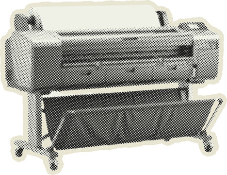 Large format industrial plotter printer on a rolling stand, rendered in a halftone dot pattern style on a white background, isolated for business