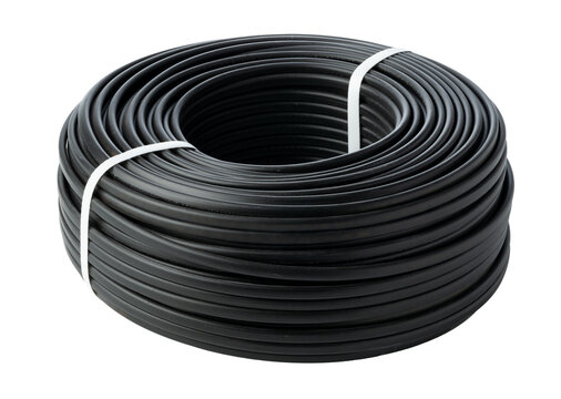 Coil of black plastic tubing secured with white straps for plumbing or irrigation use