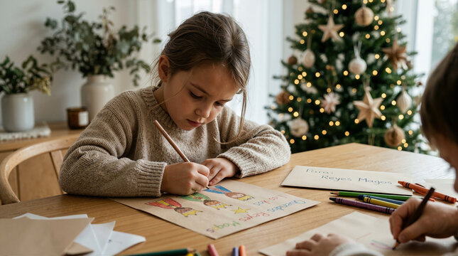 Little girl writing letter to Three Kings near Christmas tree. Child drawing Three Wise Men for Epiphany holiday on wooden table at home