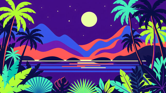 Vibrant Tropical Island Landscape With Exotic Palm Trees Under A Glowing Night Sky