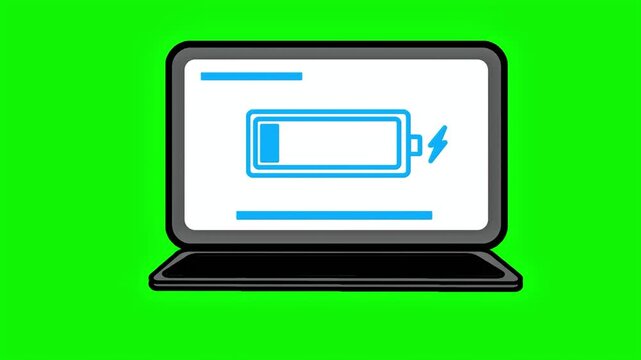 Blue battery charging animation displayed on a laptop screen against a bright green background for chroma key and technology videos
