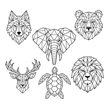 Geometric Low Poly Animal Line Art Vector Set with Wolf, Elephant, Bear, Deer, Sea Turtle, and Lion