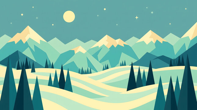 Minimalist Winter Landscape Featuring Snowy Mountains and Pine Forest at Night