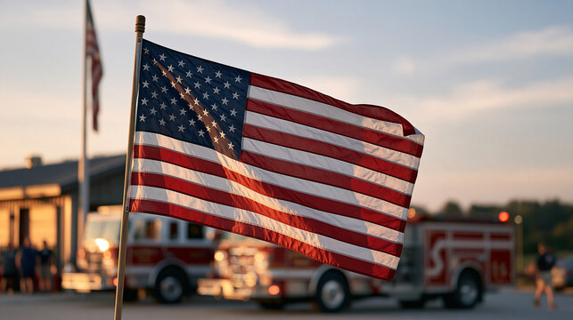 American flag flying outside a small-town fire station with fire trucks parked in front, American first responders, community service, local fire department, public safety,