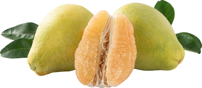 Fresh pomelo fruit with leaf isolated on white background with clipping path.