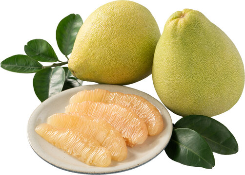 Fresh pomelo fruit with leaf isolated on white background with clipping path.