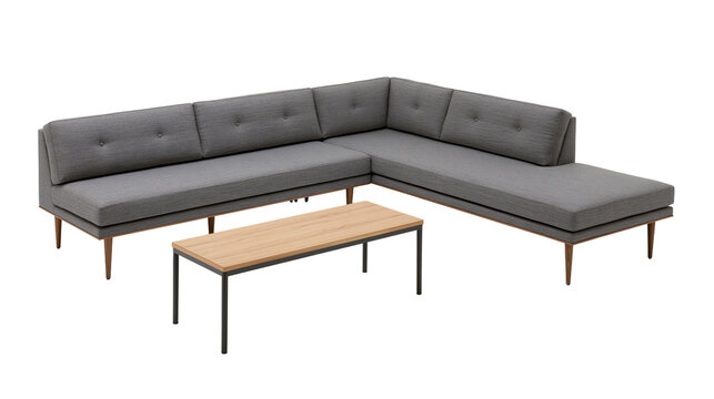 Modern grey fabric sectional sofa with tufted back and wooden coffee table