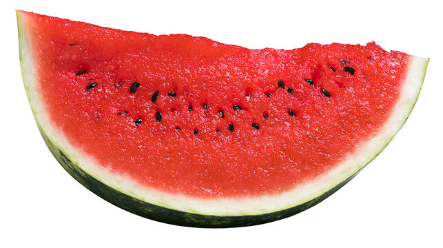 Fresh ripe watermelon slice with black seeds and green rind