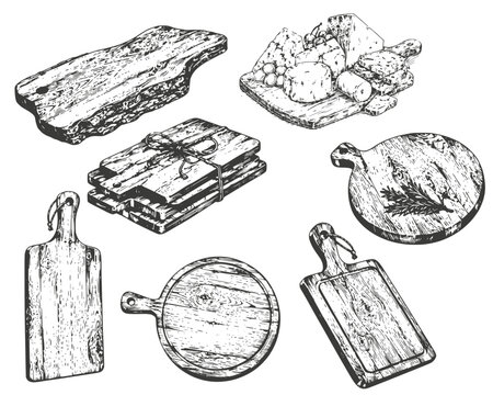 wooden cutting boards, serving plates and cheese boards. Vector illustration. For packaging cheese products,for kitchen decoration, restaurant menus, culinary packaging,