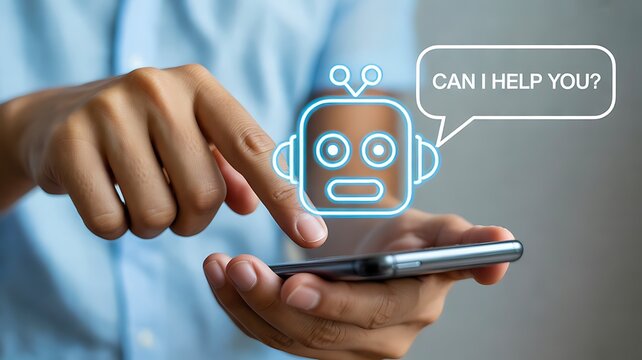 Person Using Smartphone with AI Chatbot Assistant Interface and Virtual Customer Support Icon