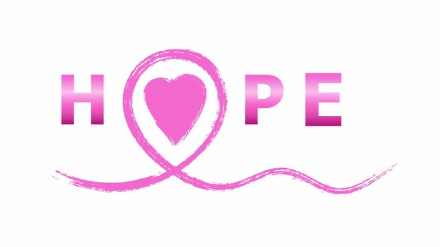 for breast cancer awareness concept, animated video HOPE text , grunge ribbon and heart shape instead of O alphabet on white and black background