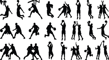 Collection of black basketball player silhouettes featuring athletes in action, dribbling, shooting, and dunking poses. © Ashrat